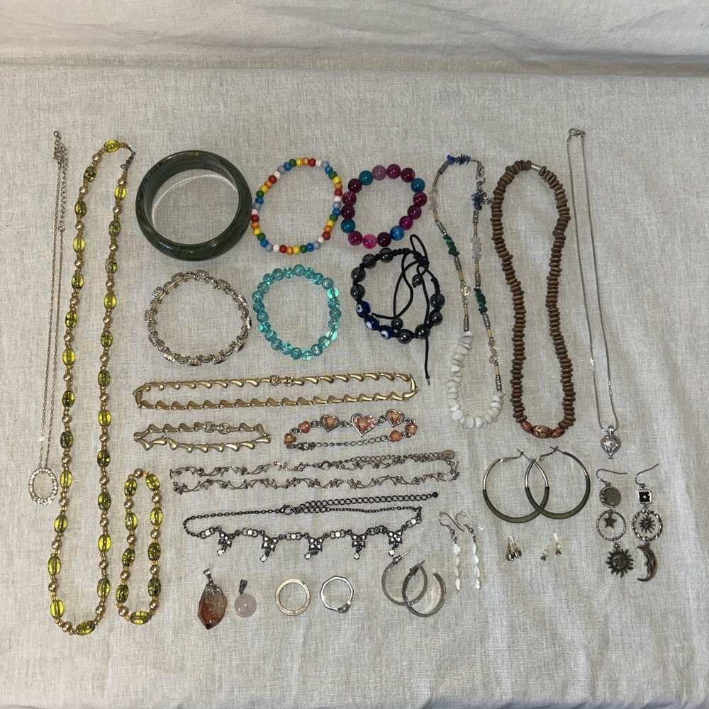 Vintage & Modern Junk Drawer Jewelry Lot - Real Stone/Crystal Pieces